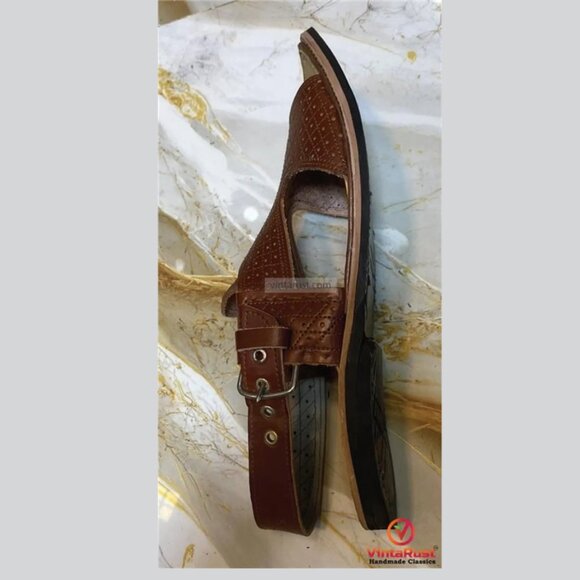 Traditional Handmade Peshawari Chappal: Brown Leather Ethnic Shoes - Picture 6 of 7